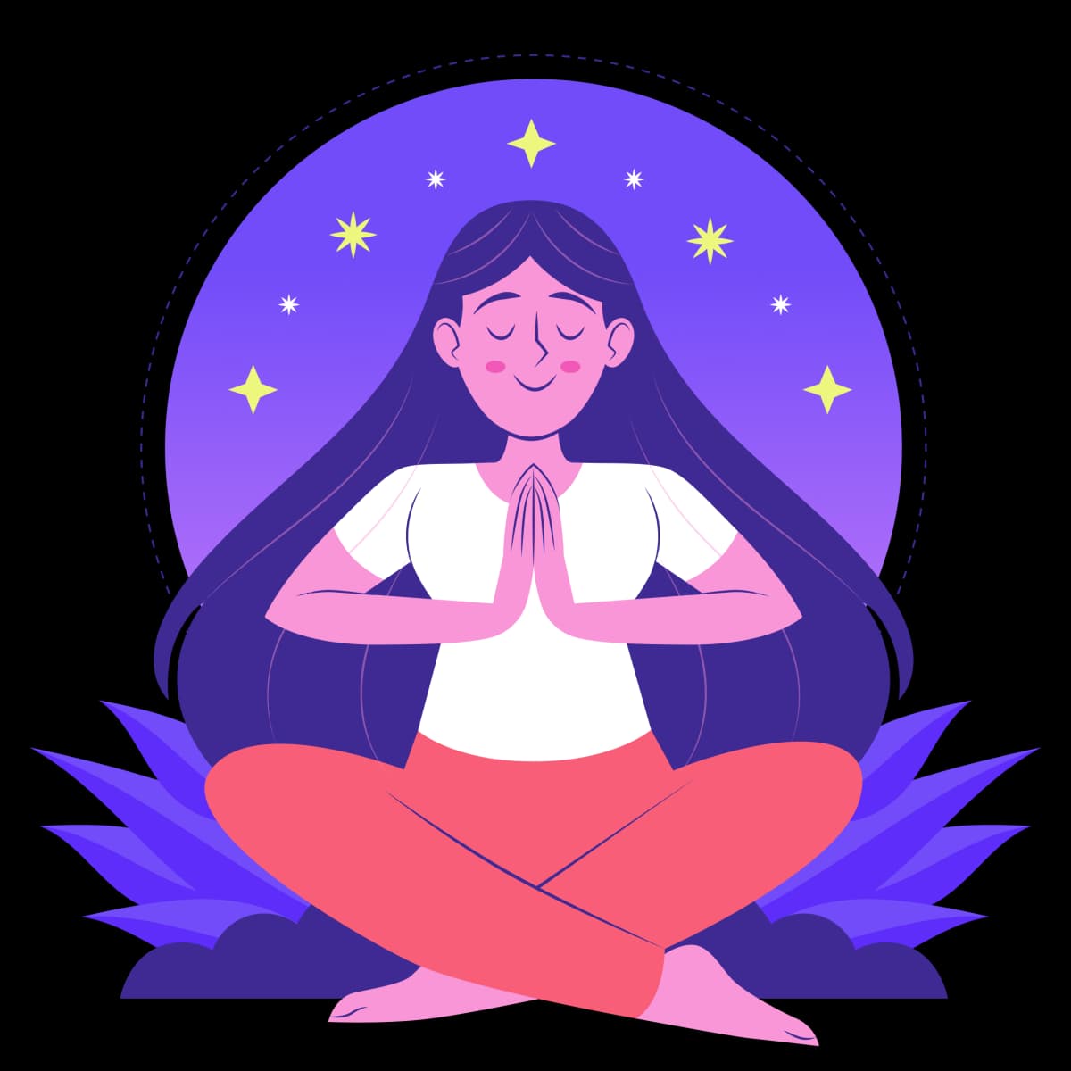 Person meditating with stars around them